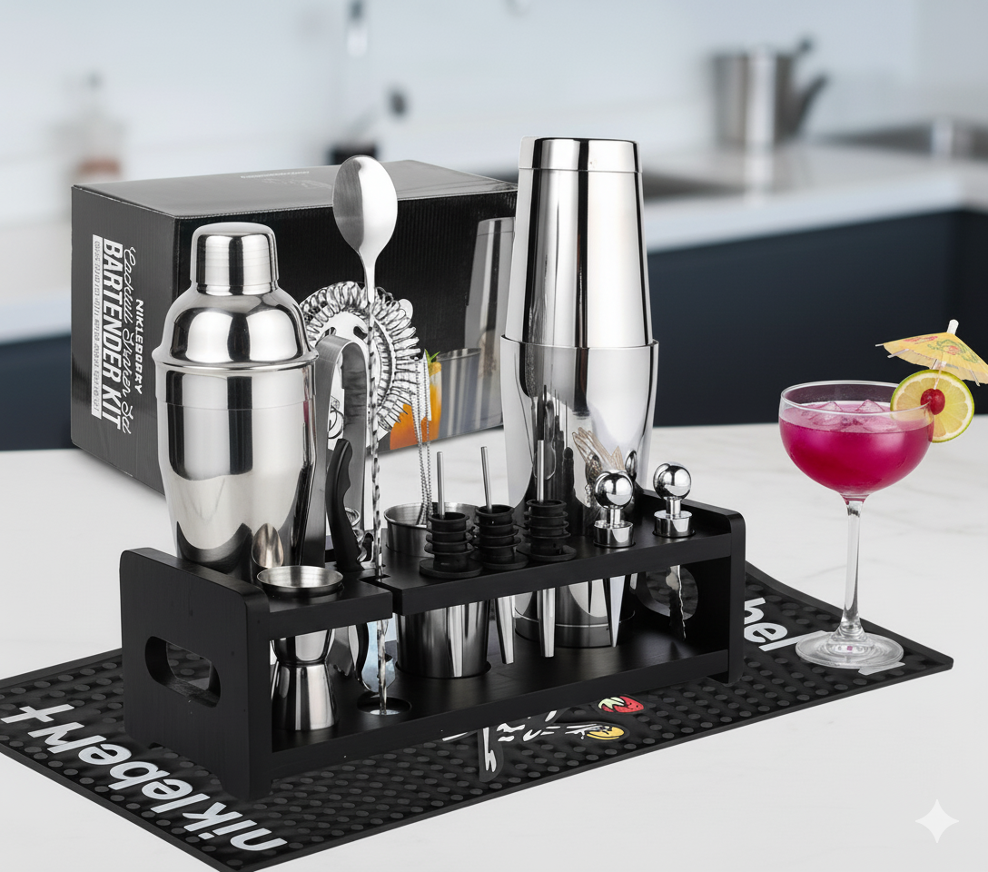 20 Piece Cocktail Shaker Set with Weighted Boston Shaker and Stand