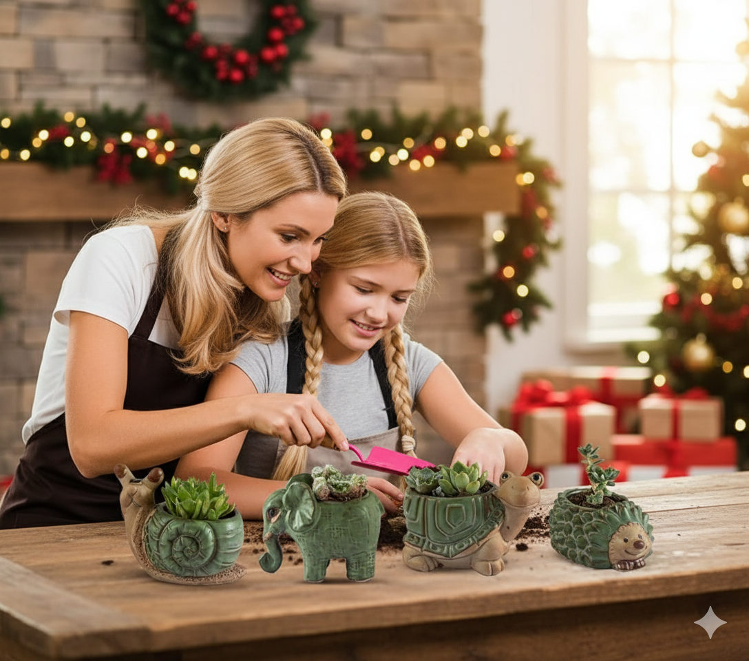 Succulent planters styled on desk with office decor